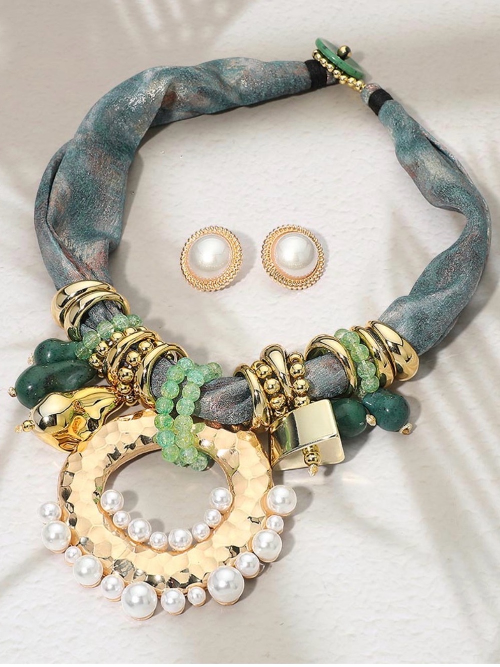 Green and Gold Pearl Statement Necklace with Matching Earrings